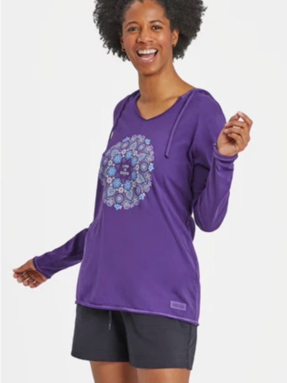 Life Is Good Women's XL Wildflower Primal Purple Mandala Long Sleeve Hooded Tee